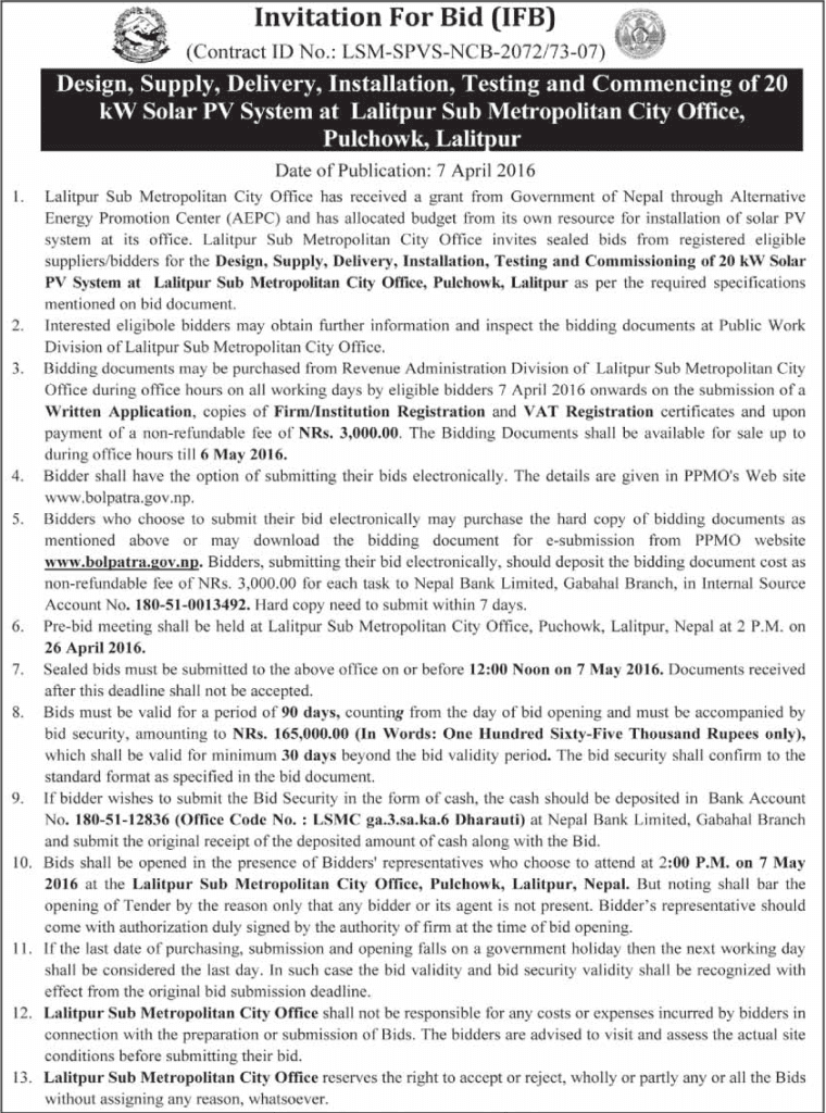 Solar PV Tender notice 2072.12.25